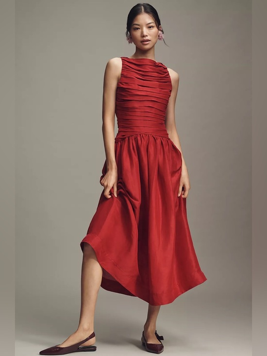 Anthropologie Dresses & Skirts - NWT Anthropologie Lovaan Val Linen Silk Pleated Midi Dress Red